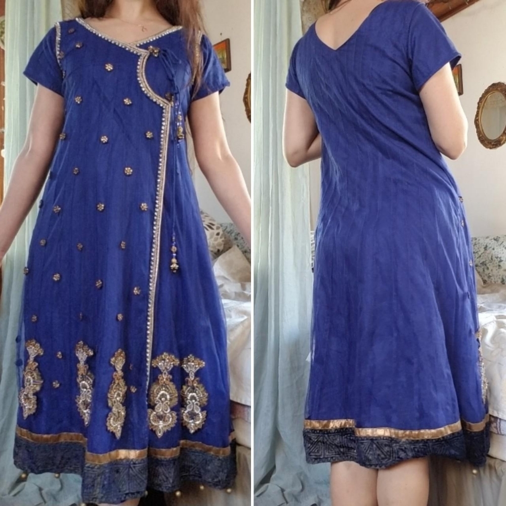 Vintage Blue & gold Sari Dress Salwar Fabulous Kurtis  Kurta choli sz Small